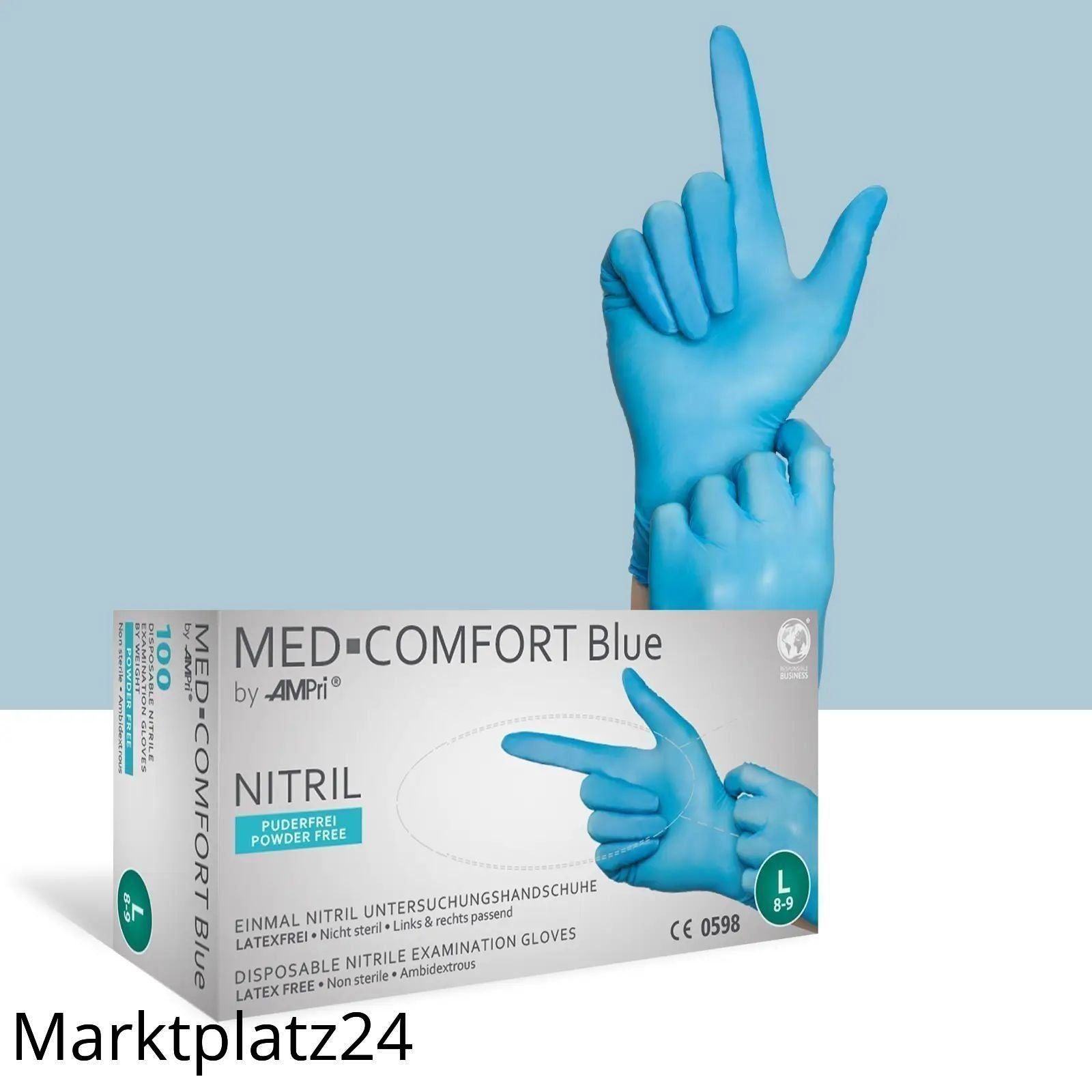 Med-Comfort Blue Nitril- Untersuchungshandschuh, ungepudert, blau, unsteril, Gr.M, 100 St/Box - Marktplatz24
