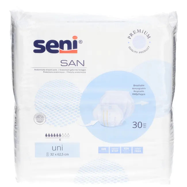 Seni San Uni Inkontinenzslips Größe 2 in einer Packung mit 30 Stück, atmungsaktiv und saugfähig.