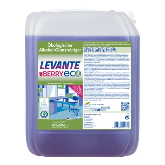 10L Kanister mit Levante Berry ECO Oberflächenreiniger, umweltfreundlich und biologisch abbaubar.