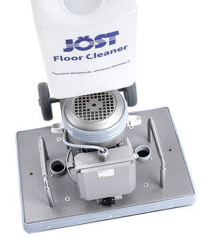 JÖST Bodenreinigungsmaschine mit blauem Logo und weißem Wassertank.