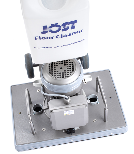 JÖST Bodenreinigungsmaschine mit blauem Logo und weißem Wassertank.