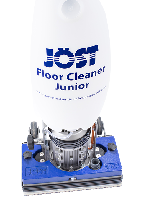 JÖST Floor Cleaner Junior Bodenreinigungsmaschine mit blauem Gehäuse und weißem Beutel.