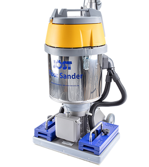 JÖST Bodenschleifmaschine mit integriertem Staubsauger und blauen Halterungen.