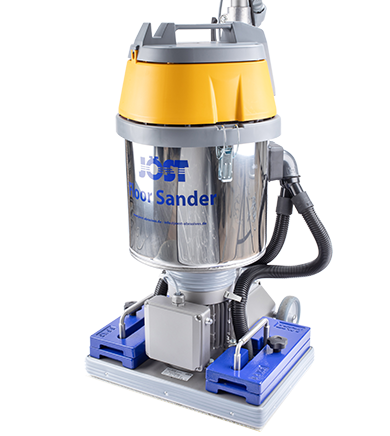 JÖST Bodenschleifmaschine mit integriertem Staubsauger und blauen Halterungen.