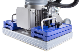 JÖST Bodenschleifmaschine mit blauen Gewichten und integriertem Staubsauger.