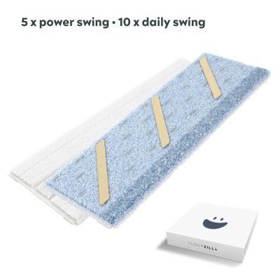 Zwei Bodenreinigungstücher, eines blau mit gelben Streifen, das andere weiß, und eine weiße Box mit Logo.