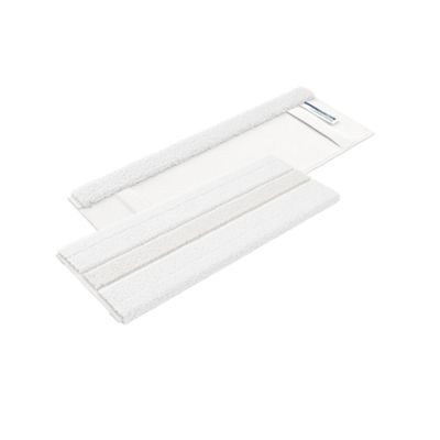 Zwei weiße Mikrofaser-Wischbezüge für einen Mopp, einer davon mit einer zusätzlichen Stoffleiste.
