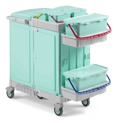 Antibakterieller Mehrzweck Kunststoffwagen Alpha AB+ in Grün und Grau mit mehreren Fächern.