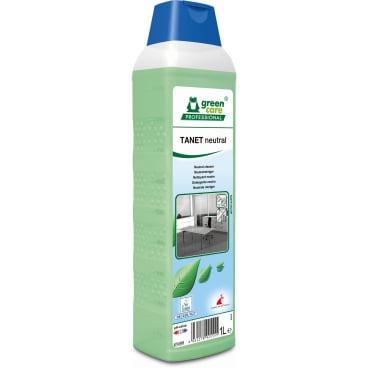 Tanet Neutral 1L Flasche mit grünem Reinigungsmittel und blauem Verschluss.