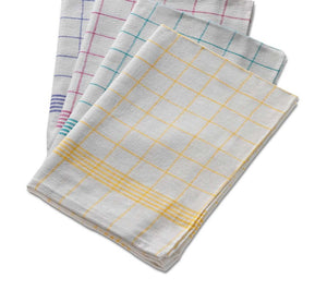 Vier karierte Geschirrtücher aus Baumwolle-Leinen in Blau, Rosa, Türkis und Gelb.