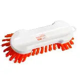 Waschbürste rund mit orangefarbenen Borsten und transparentem Griff.