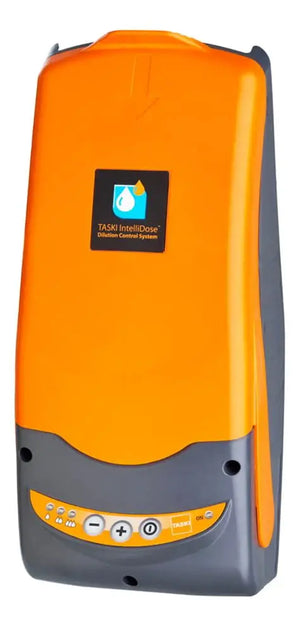 Orange and grey TASKI IntelliDose dilution control system with buttons.