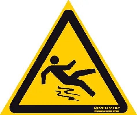 Gelbes Warnschild mit schwarzem Rand und schwarzem Piktogramm einer Person, die auf nassem Boden ausrutscht.