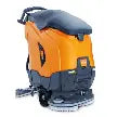 Orange and gray floor scrubber with a rotating brush head.