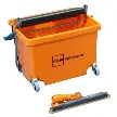 Orange mop bucket with wheels and a mop holder.