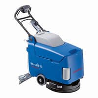 Blauer und grauer Bodenreinigungsautomat mit Griff und Rädern.