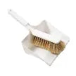 White dustpan and brush set with blonde bristles.