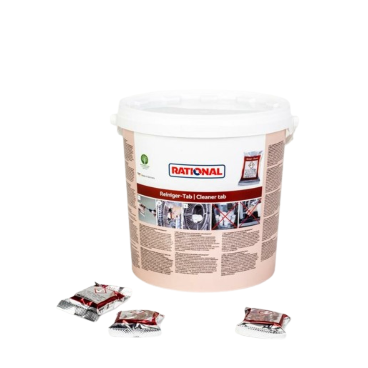 Rational Reiniger Tabs in einem Eimer mit 100 Reinigungstabletten für Dampfgarer.