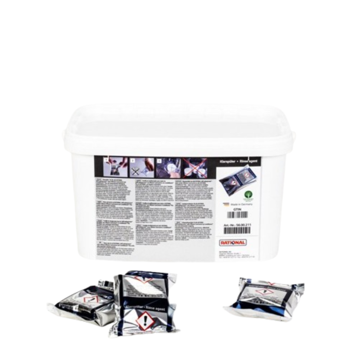 Eimer mit 50 Klarspüler Tabs für professionelle Geschirrspülmaschinen, einzeln verpackt.