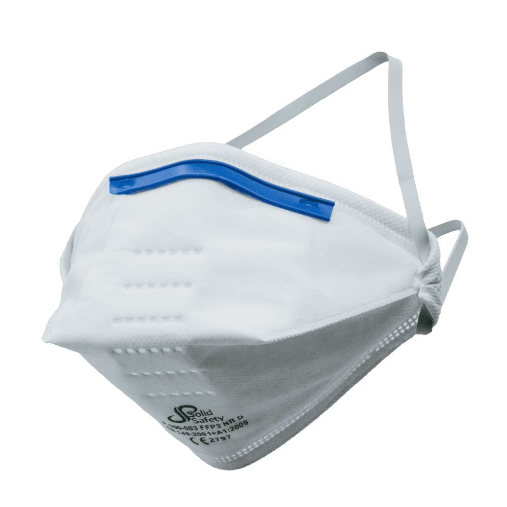 Filtrierende Halbmaske FFP3D von SolidSafety ohne Ventil mit blauem Nasenbügel.