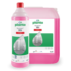 Bucasan Hit 10L Kanister mit rosa Reiniger und Badezimmerbild.