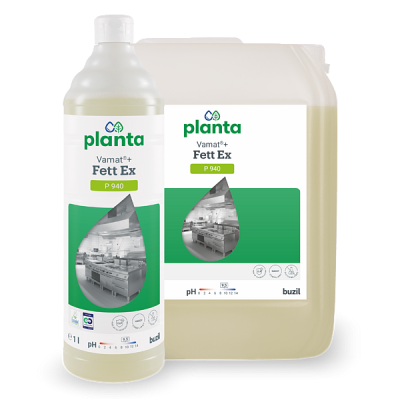 Vamat®+ Fett Ex Reiniger in einem 10L Kanister und einer 1L Flasche.