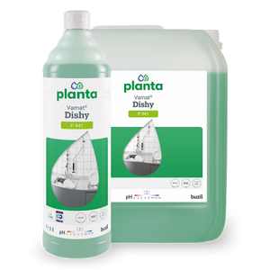 Vamat Dishy Geschirrspülmittel in einem 10L Kanister mit grüner Flüssigkeit.
