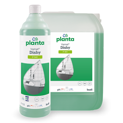 Vamat Dishy Geschirrspülmittel in einem 10L Kanister mit grüner Flüssigkeit.