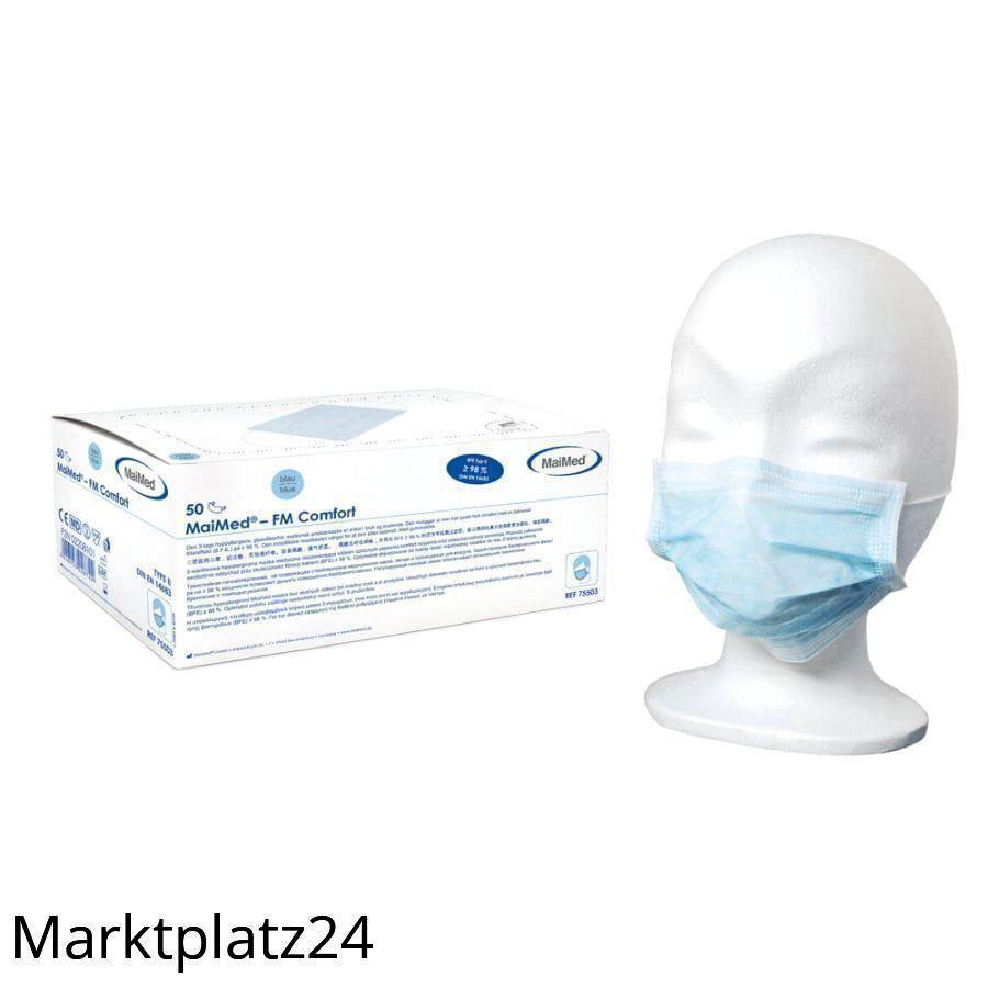 MaiMed Einmal-Mundschutz, blau, mit Nasenbügel, 3lg, mit Gummizug, 50 St/Pk. - Marktplatz24