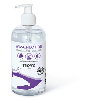Tapira Top sensitive washing lotion in a clear pump bottle.