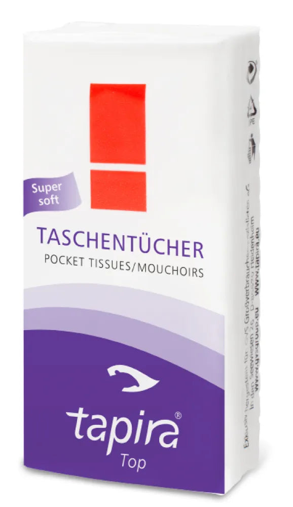 TAPIRA Taschentücher mit rotem und lila Design.