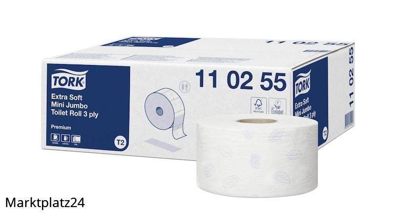 Tork Premium Toilettenpapier Mini Jumbo Rolle, 3lg - hochweiße Tissue Qualität, Blatt 10x14cm, Ã¸: 18,5 cm, 12 Ro. Ã¡ 110 m im Karton - Marktplatz24