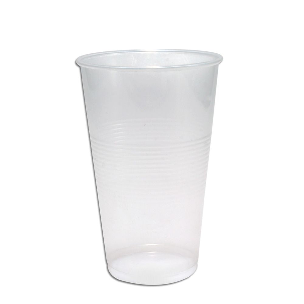 Transparenter PP-Trinkbecher mit 200 ml Fassungsvermögen und gerippter Oberfläche.