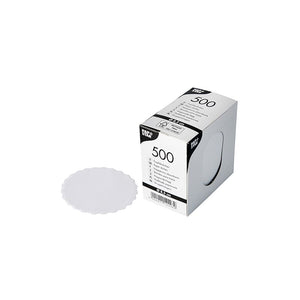 Runde, weiße Tropfdeckchen mit 8,5 cm Durchmesser, 500 Stück pro Packung.