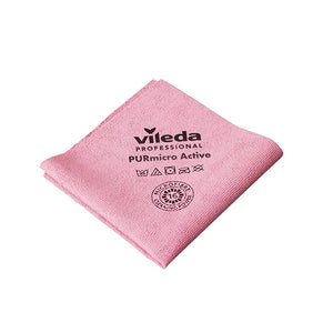 Rotes Vileda PURmicro Active Mikrofasertuch mit Reinigungssymbolen.