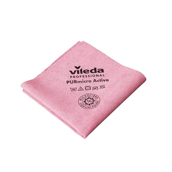 Rotes Vileda PURmicro Active Mikrofasertuch mit Reinigungssymbolen.