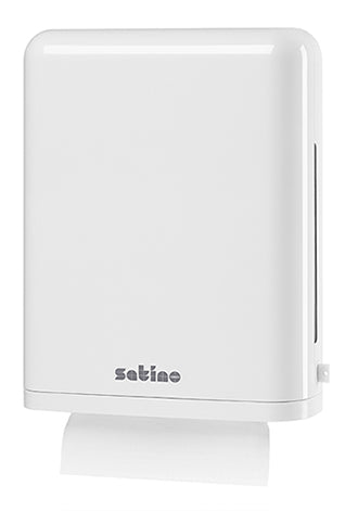Weiß glänzender Falthandtuchspender mit "satino" Logo und auslaufendem Papier.