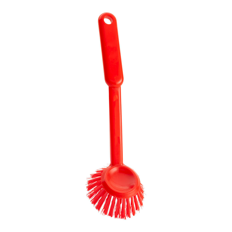 Rote Spülbürste mit hartem Borstenkopf und Aufhängeöse.