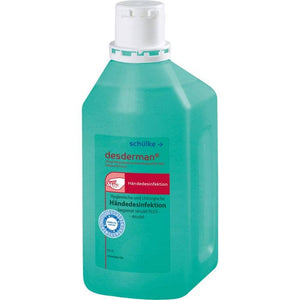 Desderman Händedesinfektionsmittel 1L Flasche mit Pumpverschluss.
