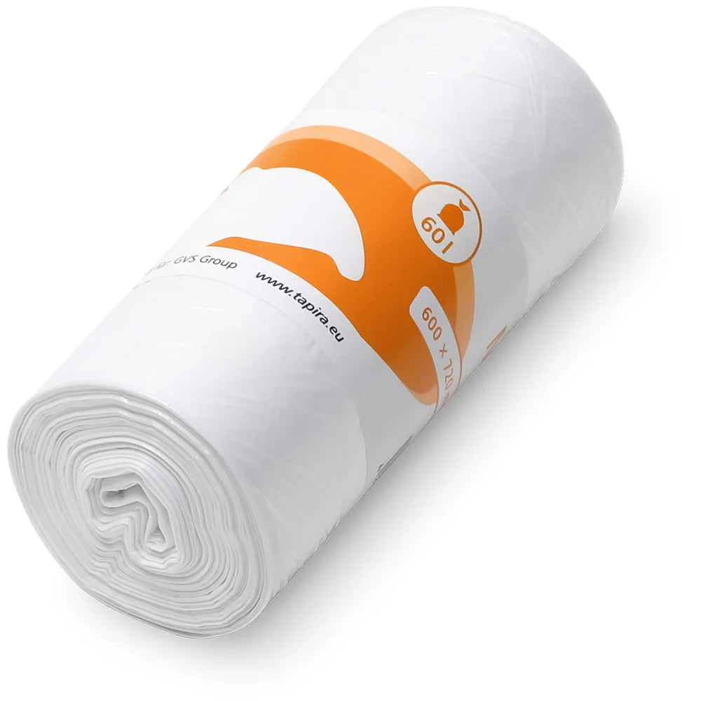 Rolle mit weißen 60L LDPE-Müllbeuteln von Tapira.