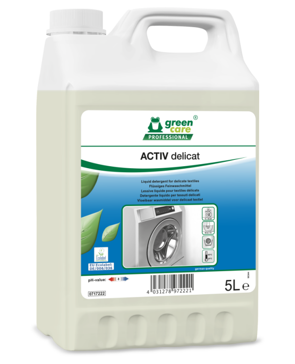 ACTIV delicat Flüssigwaschmittel im 5L Kanister mit Ökolabel.