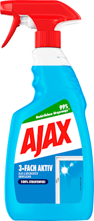 Ajax Glas- und Oberflächenreiniger in einer 500 ml Sprühflasche mit Pistole für einfache Anwendung.
