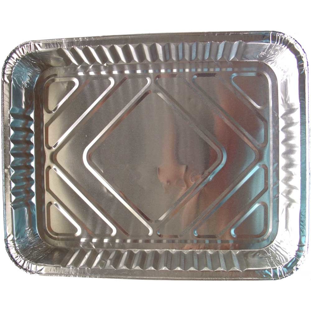 Eine rechteckige Aluminium-Menüschale mit geriffelten Rändern und einem Rautenmuster im Inneren.