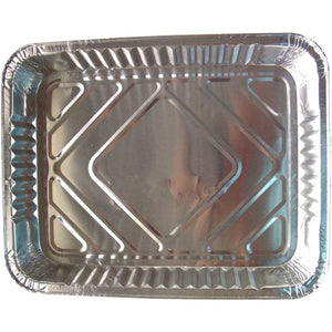 Eine rechteckige Aluminium-Menüschale mit geriffelten Rändern und einem Rautenmuster im Inneren.