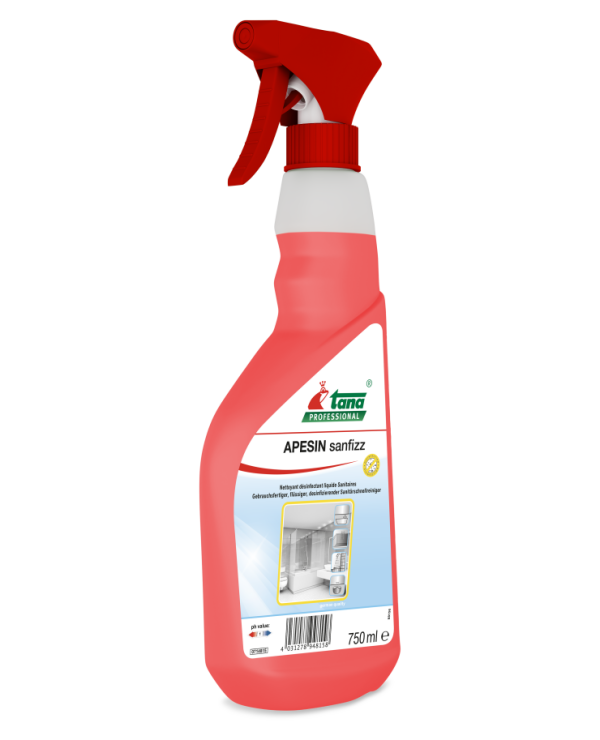 Rote Sprühflasche mit Desinfektionsmittel Apesin Sanfizz 750ml.
