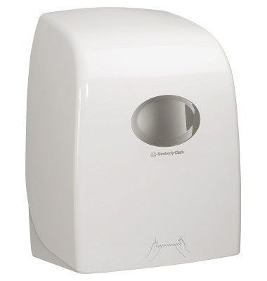 Weißer Aquarius Rollenhandtuchspender mit Sichtfenster und Hand-Symbolen.