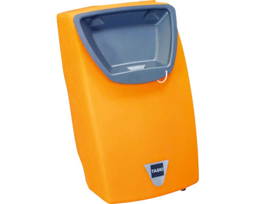 Orange plastic water tank with a grey top for a floor cleaning machine.