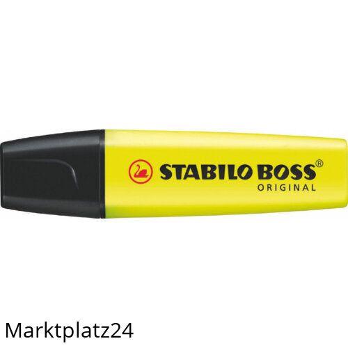 Gelber STABILO BOSS 70/24 Textmarker mit 2+5 mm breiter Keilspitze und transparentem Gehäuse.