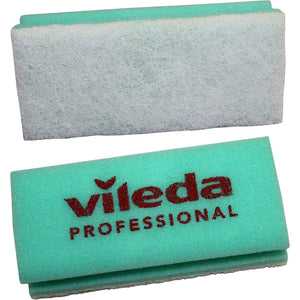 Zwei Vileda Reinigungsschwämme in Grün und Weiß.
