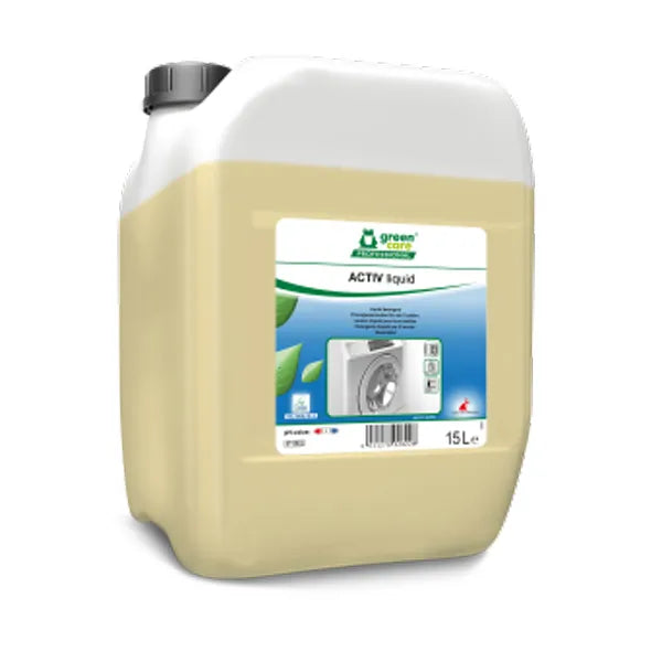 A 15L canister of ACTIV Liquid, a yellow liquid detergent.